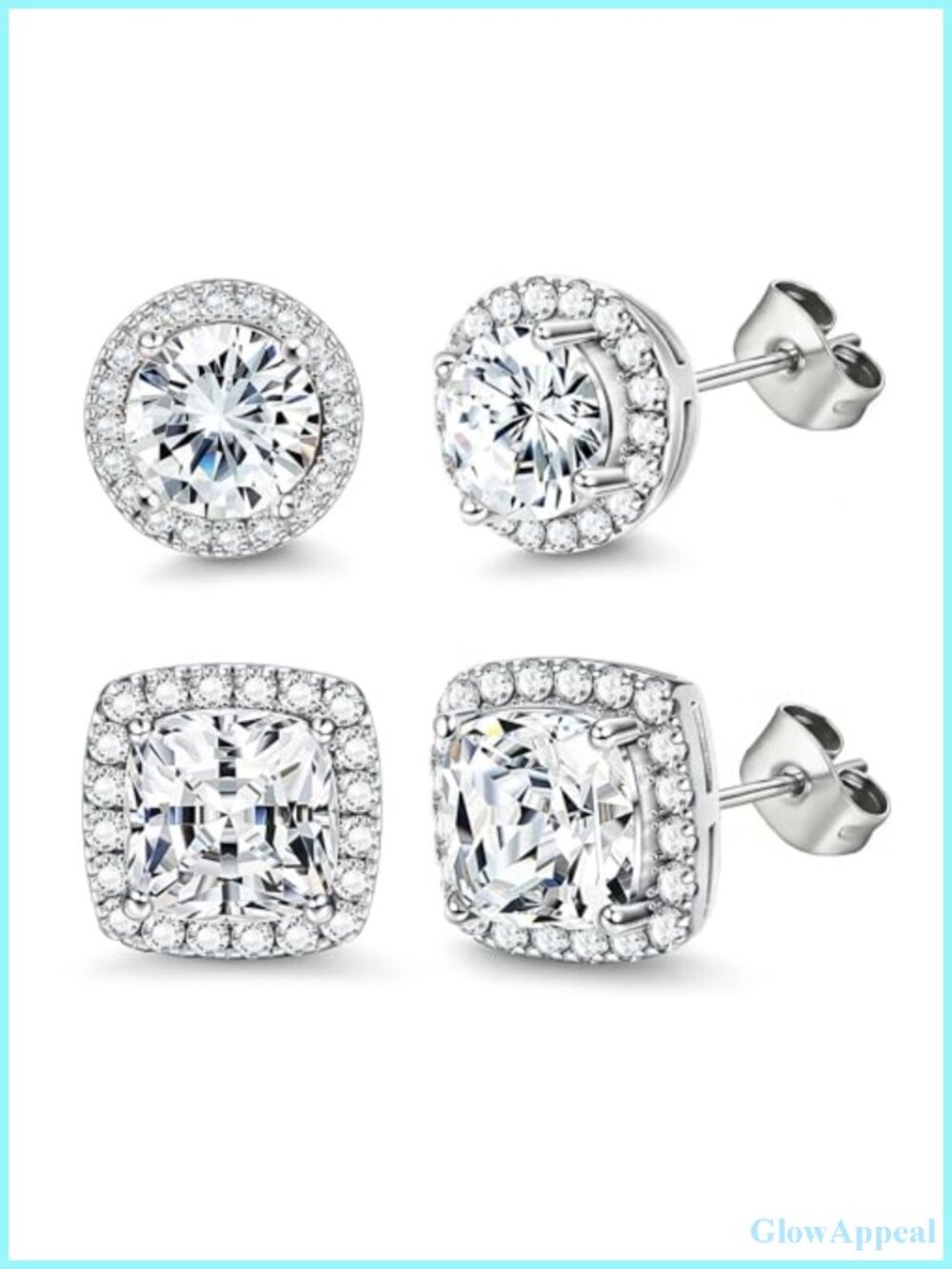 Stainless Steel Square CZ Halo Stud Earrings Set for Women & Men